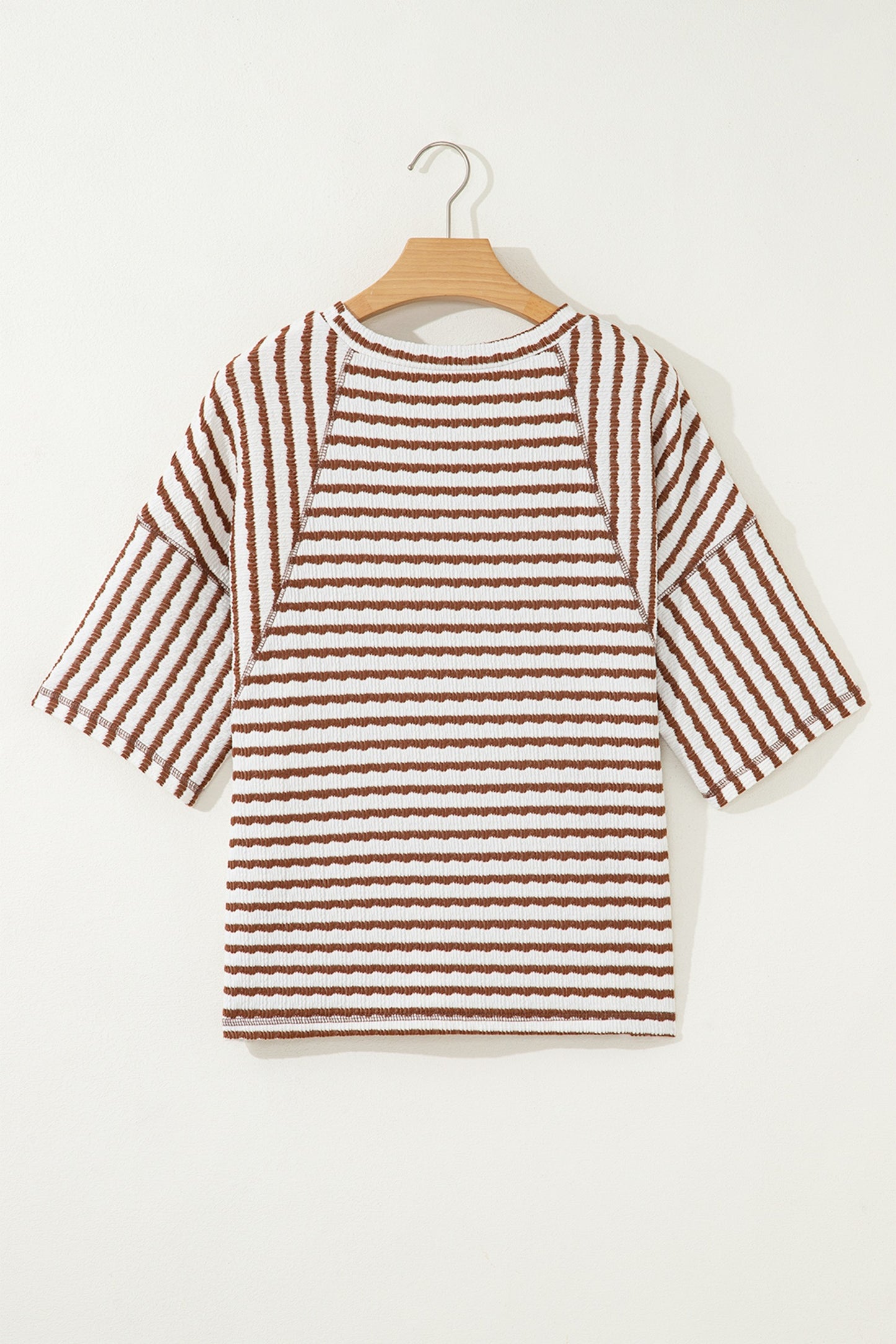 Brown Stripe Scallop Lace Trim Ruffle Short Sleeves Crewneck Top