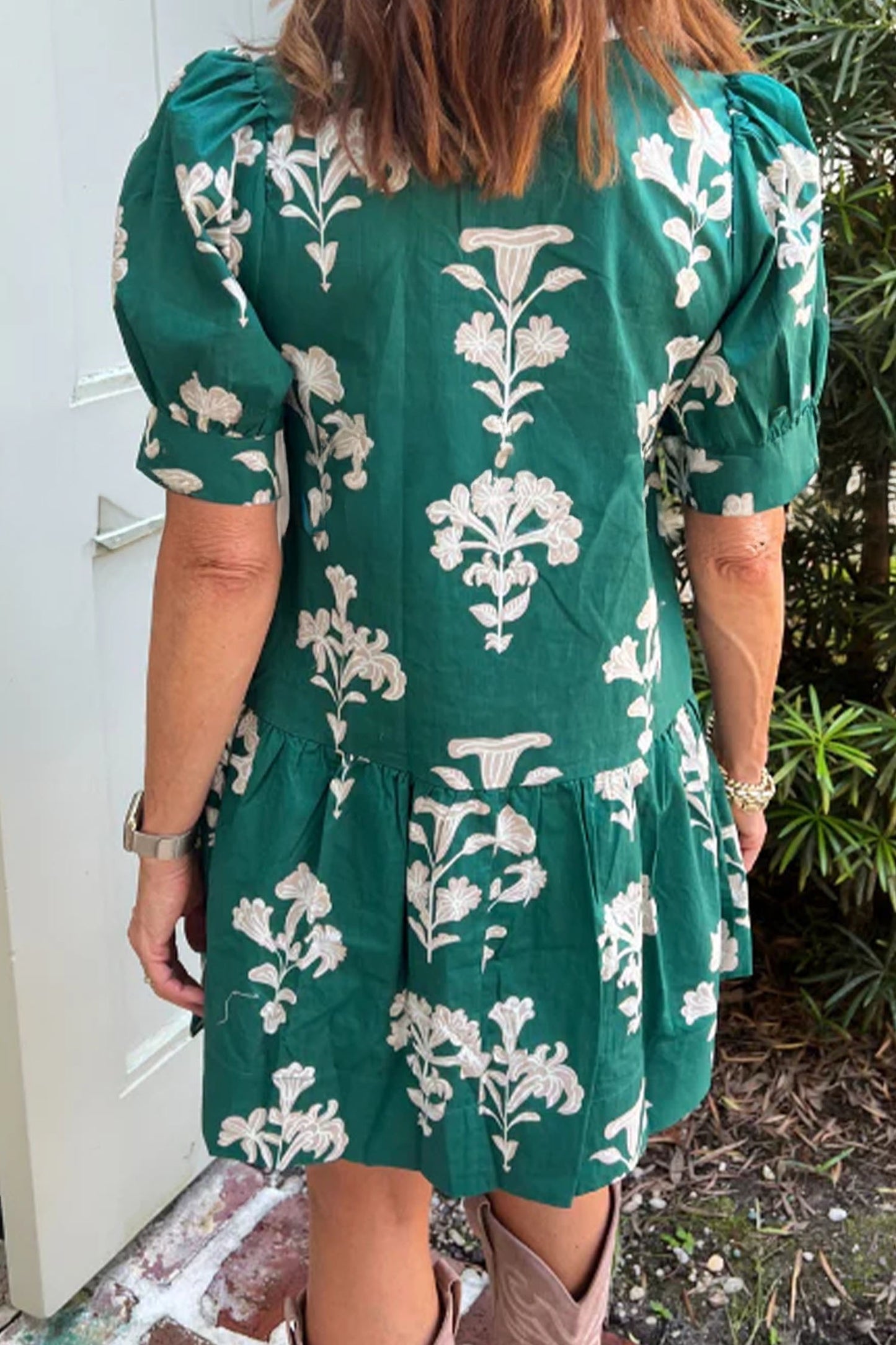 Floral Print Frilled Collar Short Puff Sleeve Dress