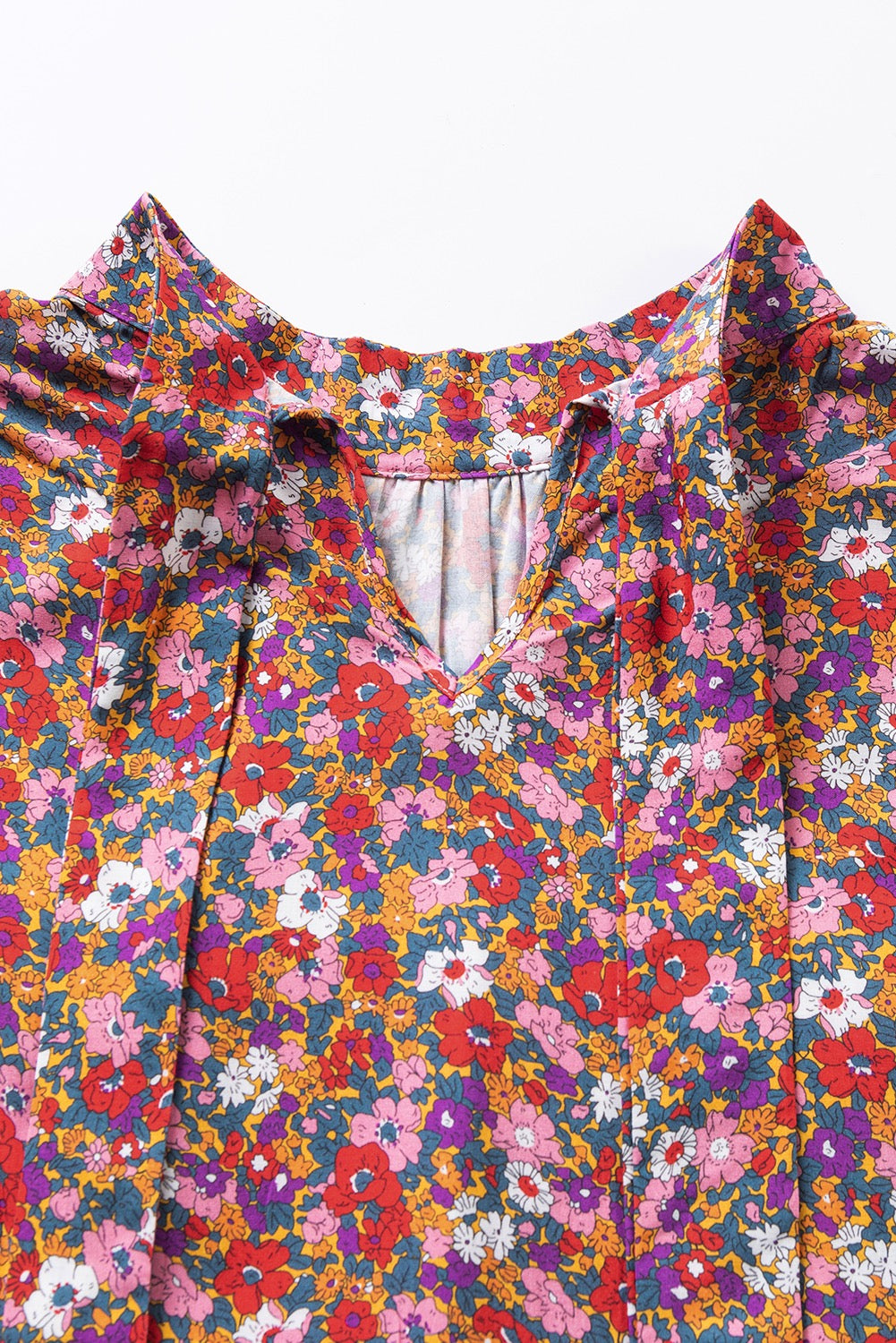 High Neck Puff Sleeve Purple Floral Blouse