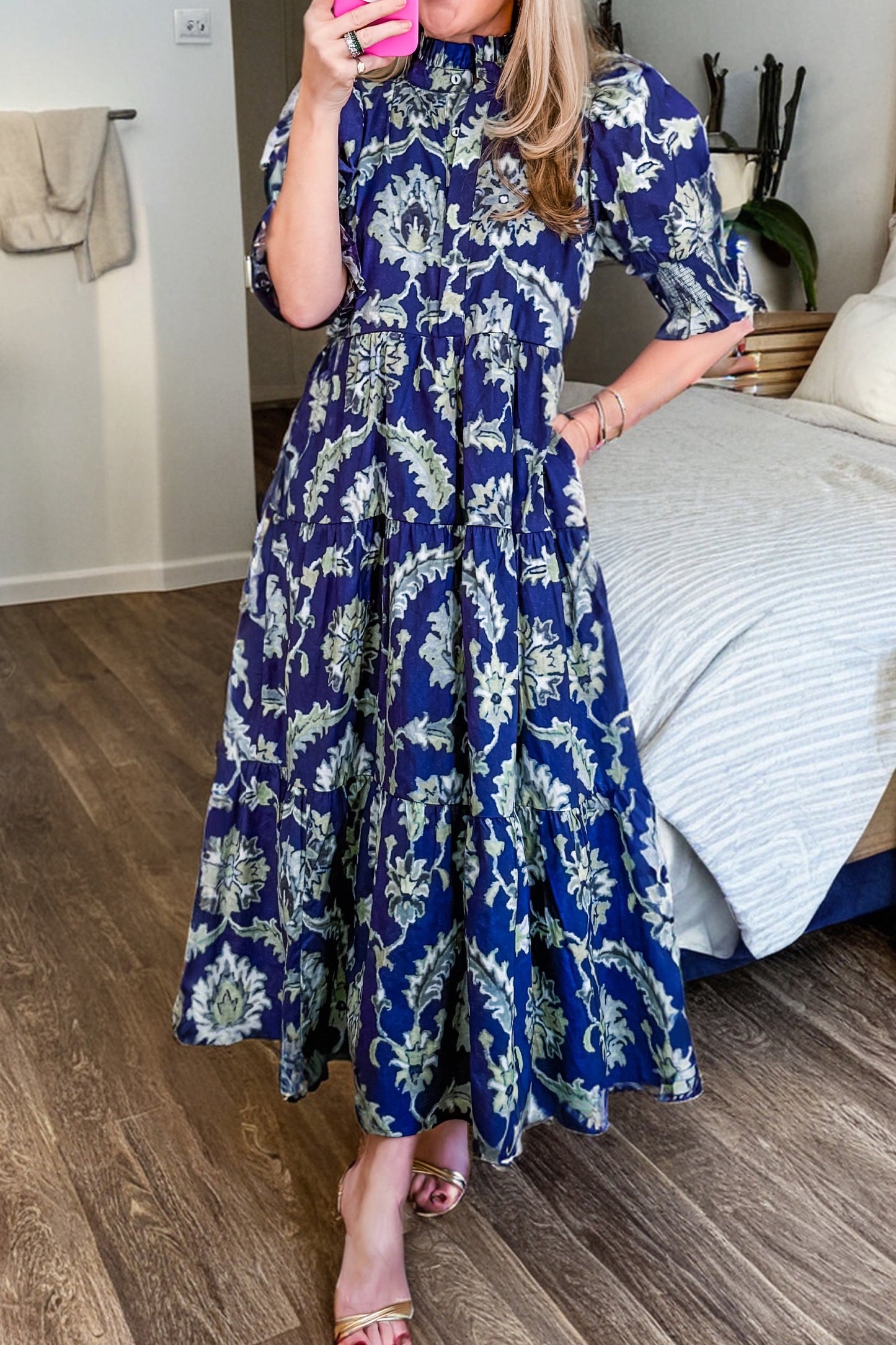 Blue Wild Floral Print Frilled Collar Half Sleeve Maxi