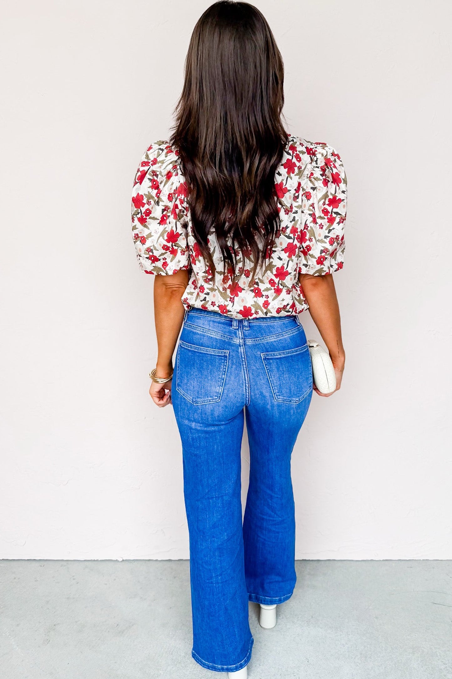 Red Floral Print Short Puff Sleeve Blouse
