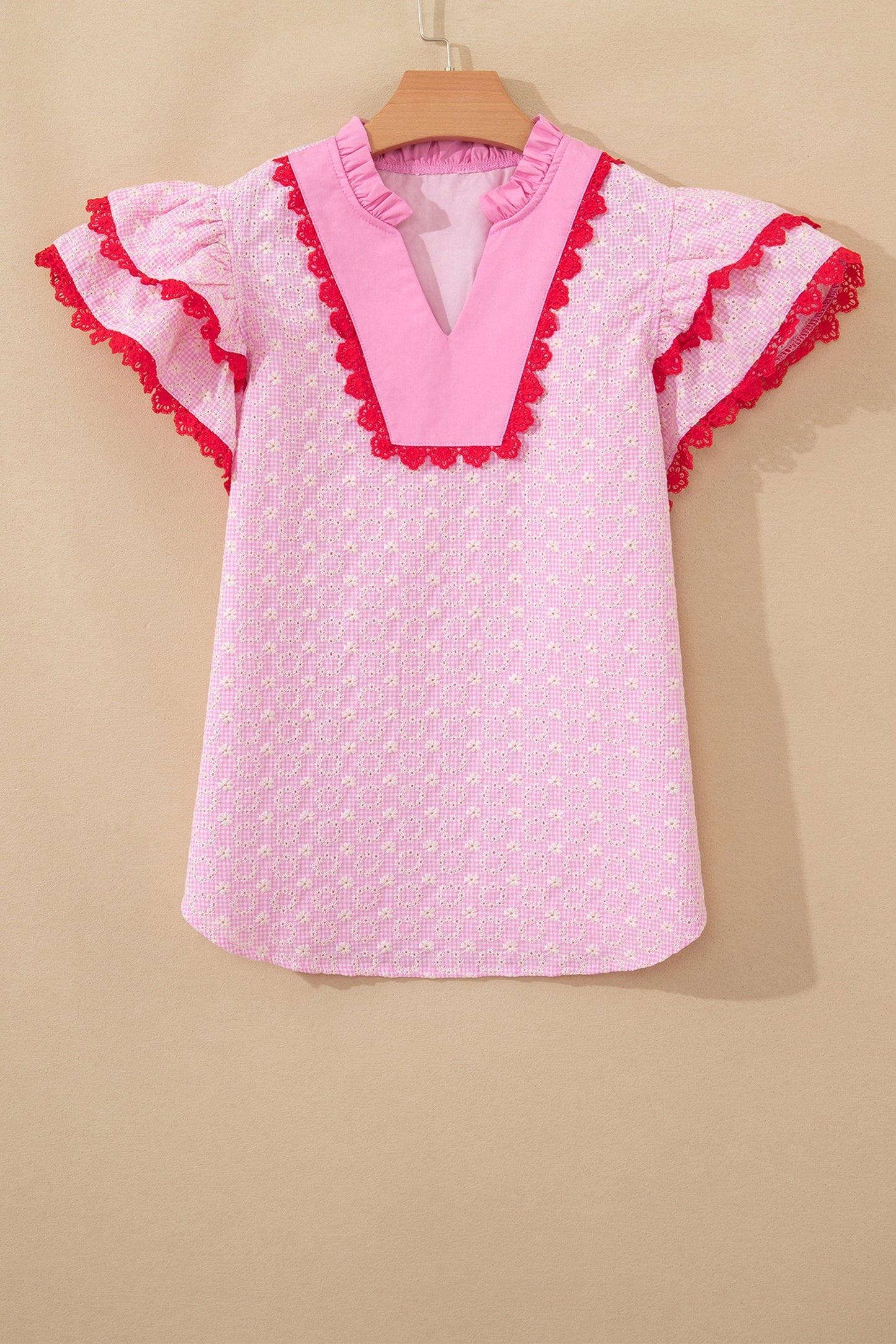 Pink Square Neck Short Puff Sleeve Pleated Floral Blouse