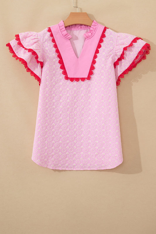 Pink Square Neck Short Puff Sleeve Pleated Floral Blouse
