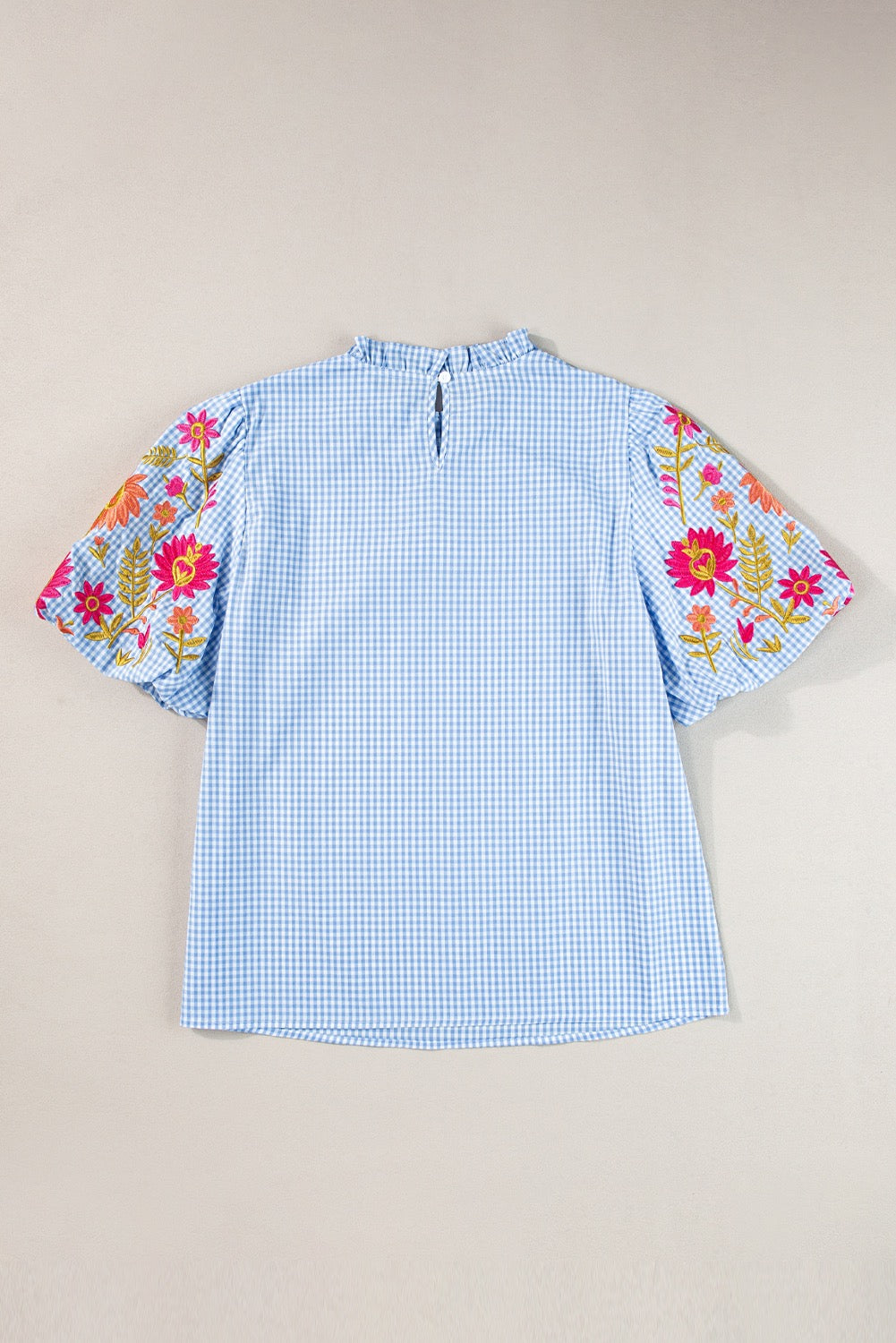 Floral Embroidered Blue Gingham Blouse