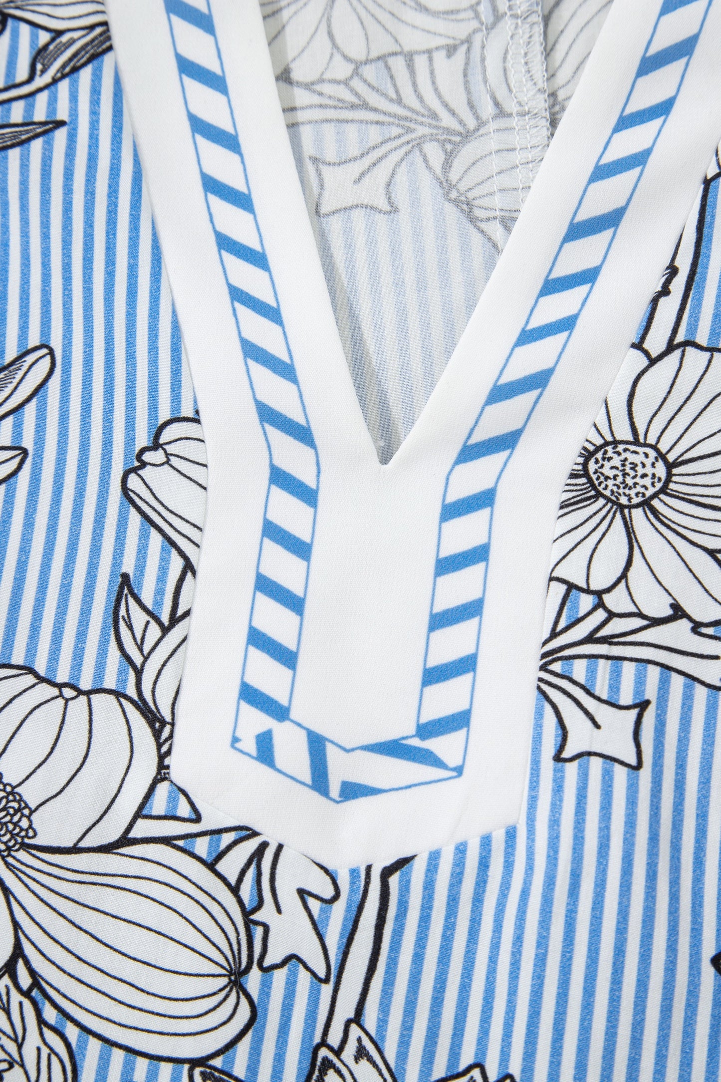 Sky Blue Floral Striped Printed Polo Collar Short Sleeve Blouse