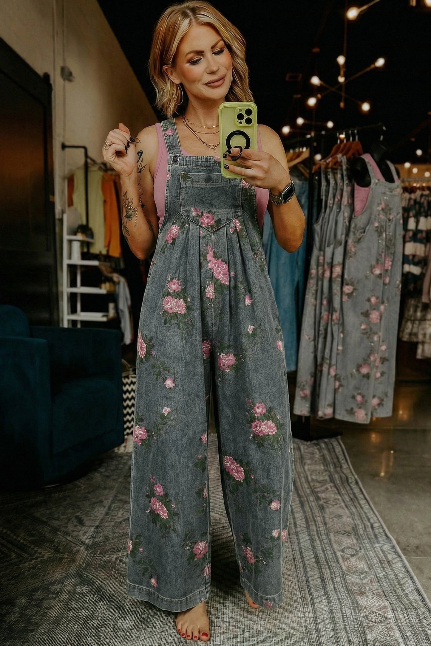 Gray Floral Print Pleated High Waist Wide Leg Denim Jumpsuit