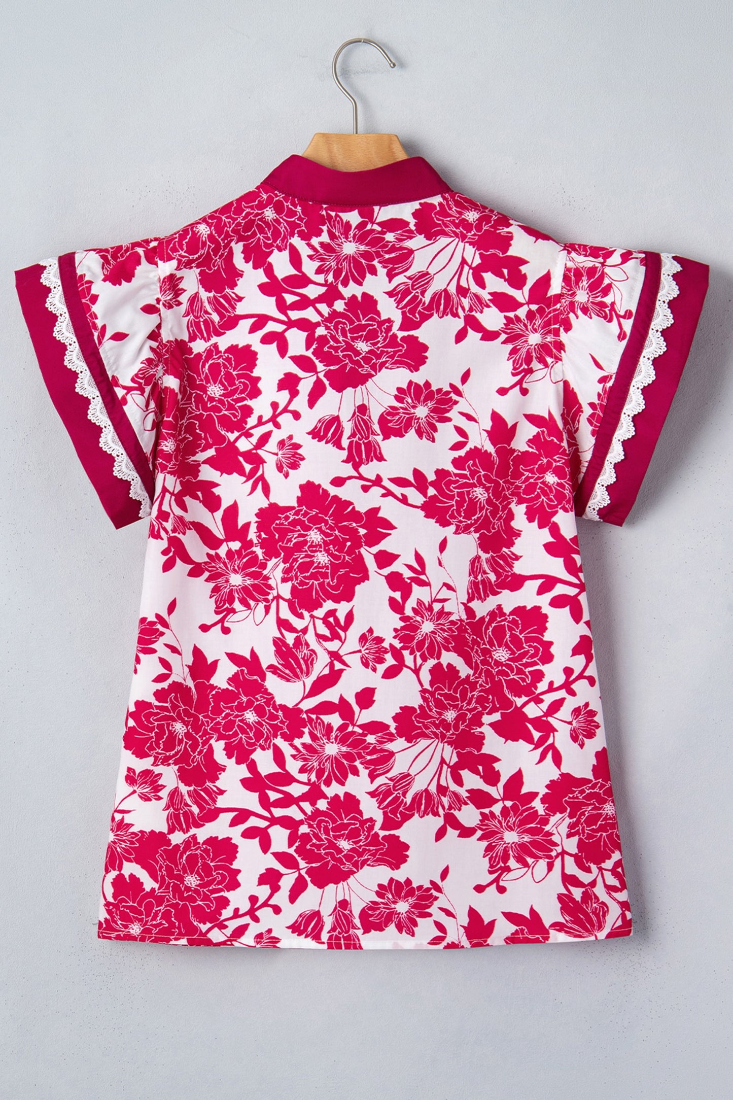 Red Floral Print Color Block Trim Lace Detail V Neck Flutter Sleeve Blouse