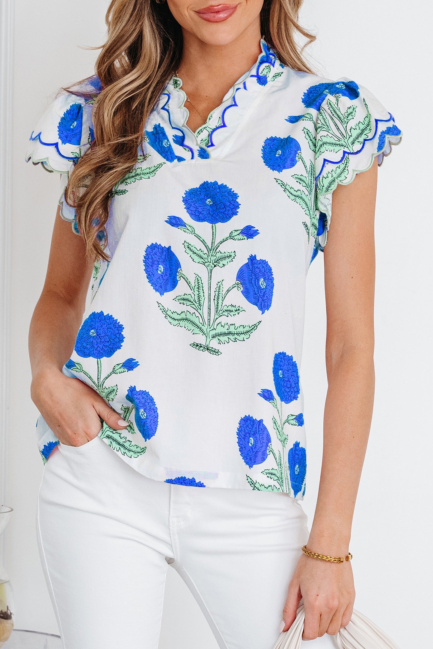 Blue Wild Flower Print Contrast Trim Scallop Detail Short Sleeve Top