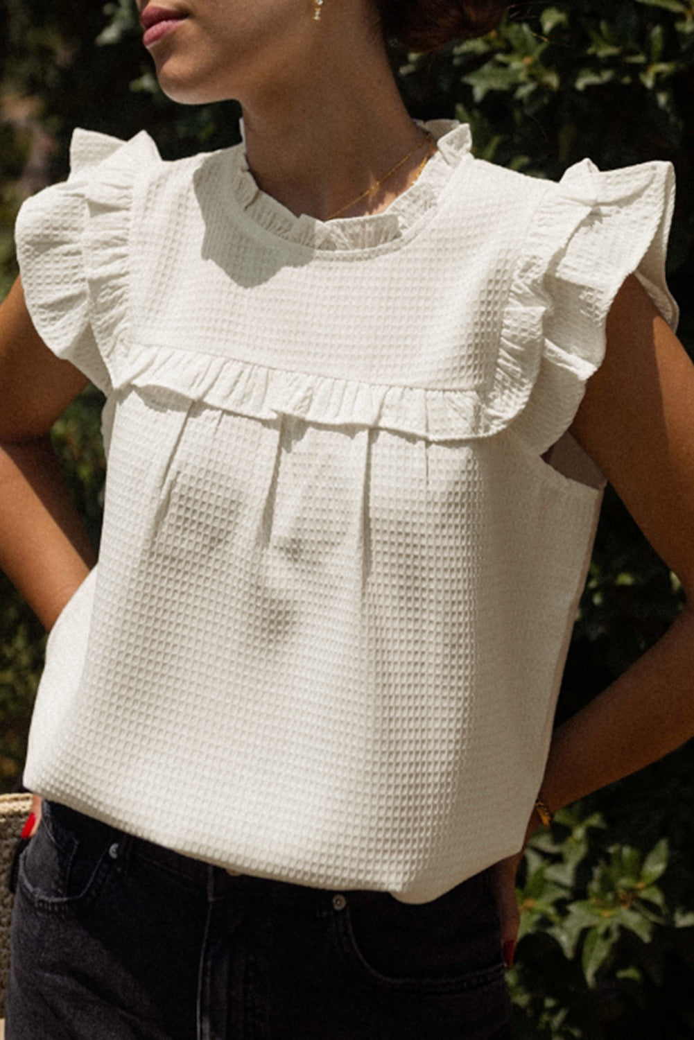 White Ruffle Trim Waffle Knit Blouse
