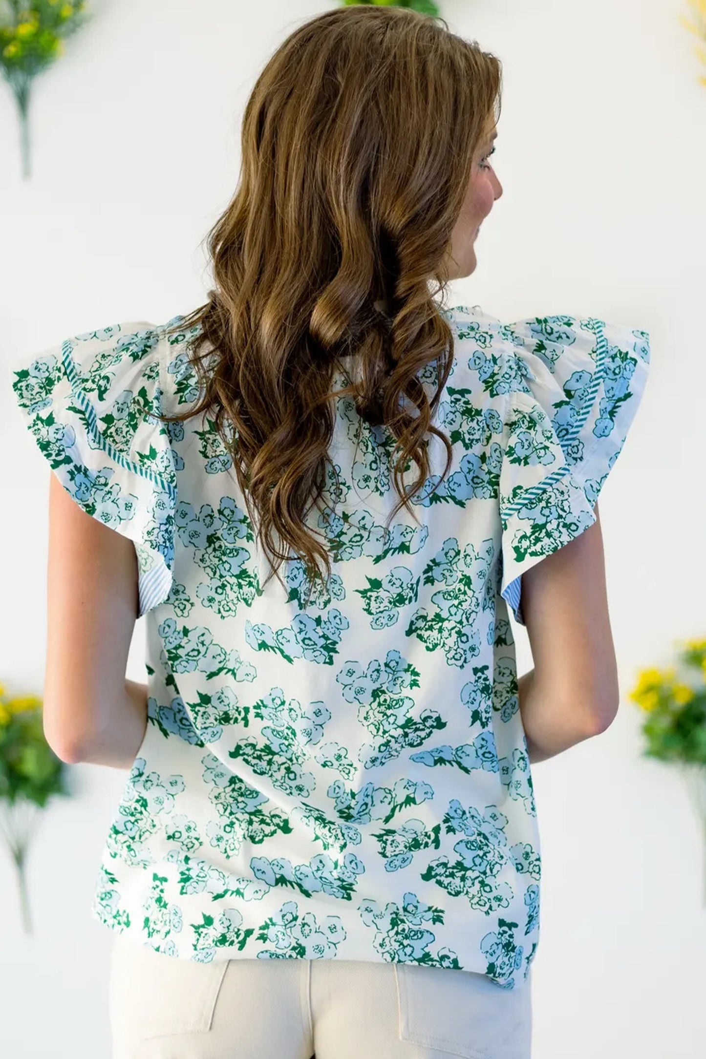 Green Floral Meets Stripes Flutter Sleeve Blouse