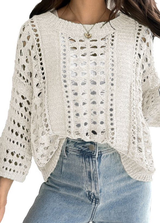 White Hollow Out Knit Bracelet Sleeve Drop Shoulder Sweater