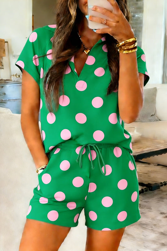 Green Polka Dot Print V Neck Tee Short Set