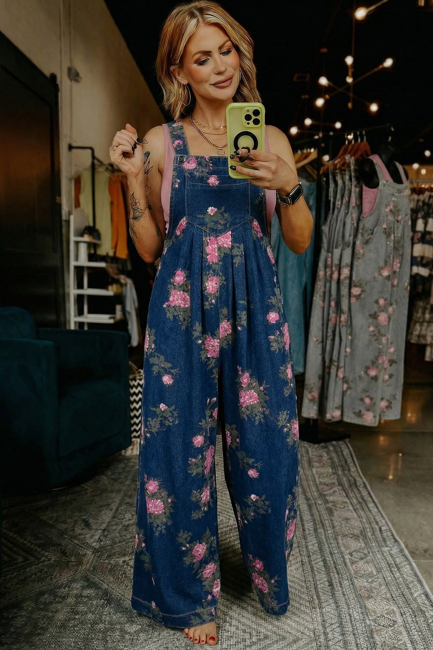 Floral Print Pleated High Waist Wide Leg Denim Jumpsuit
