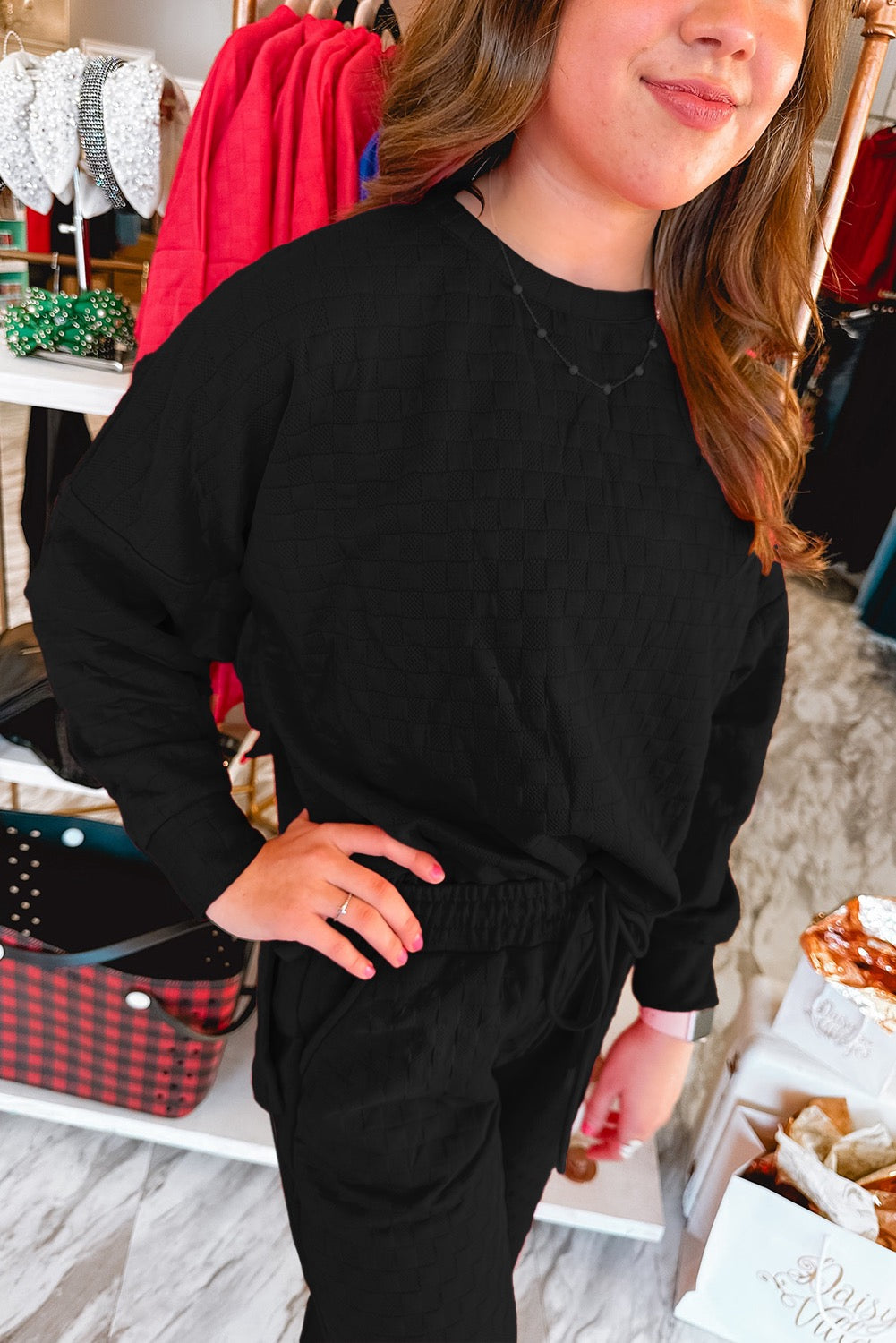 Black Checkered Pullover Pant Set