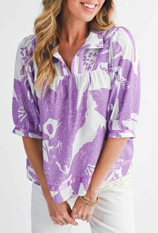 Purple Floral V-Neck Bubble Sleeve Blouse