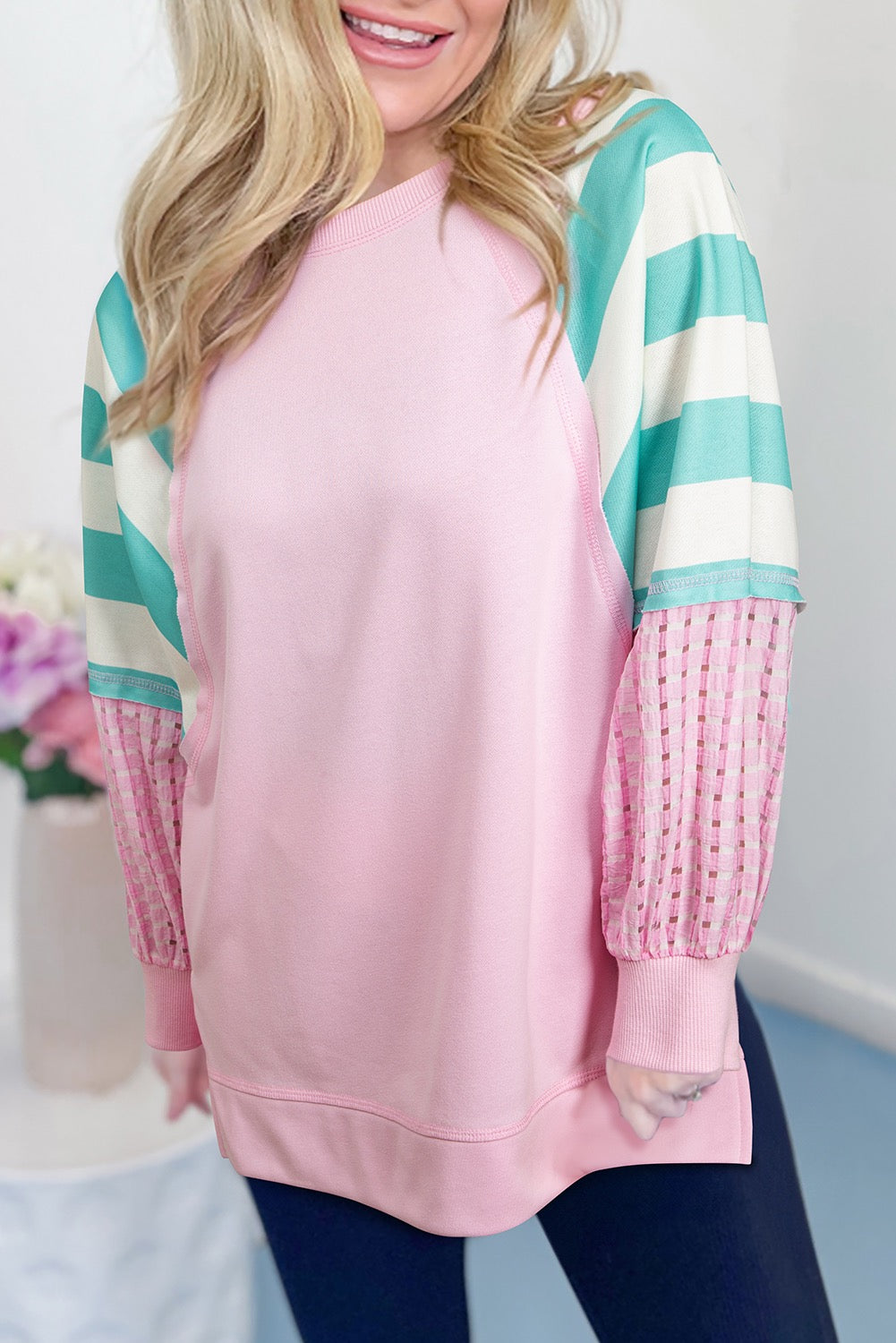 Pink Striped Patchwork Raglan Pullover Top with Slits