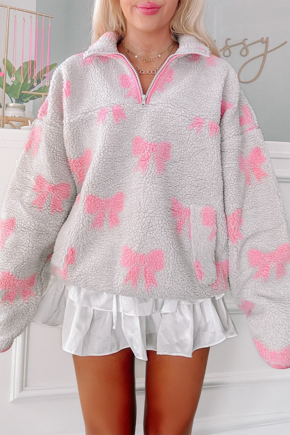 Bow Sherpa Quarter Zip Oversized Sweatshirt
