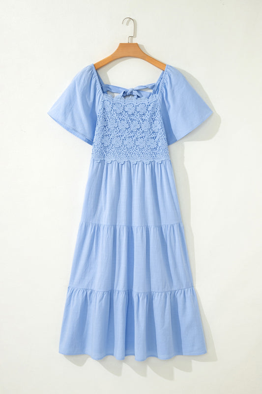 Blue Flowy Short Sleeve Lace Detail Square Neck Tiered Midi Dress