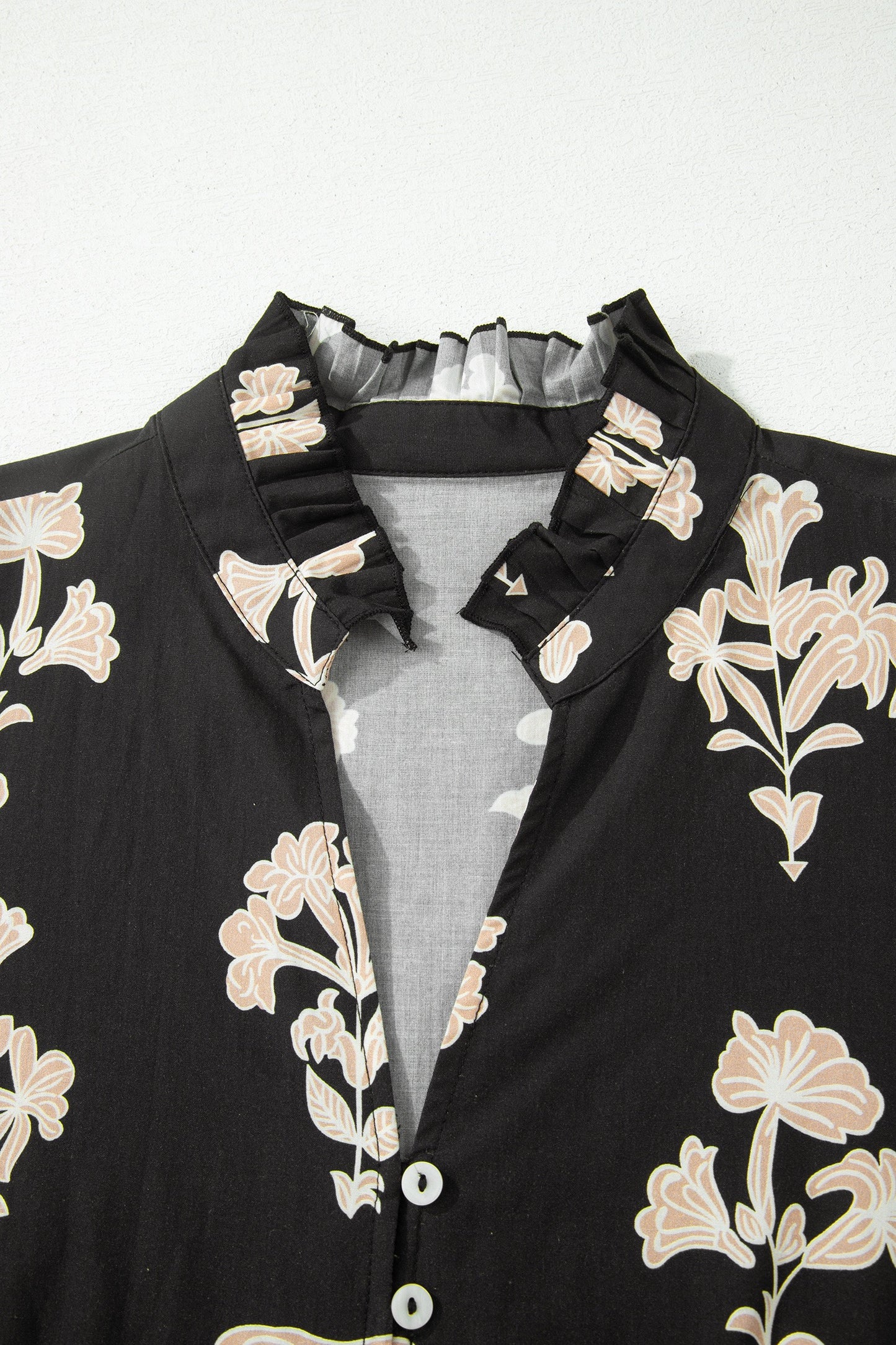 Black Floral Print Frilled Collar Short Puff Sleeve Dress