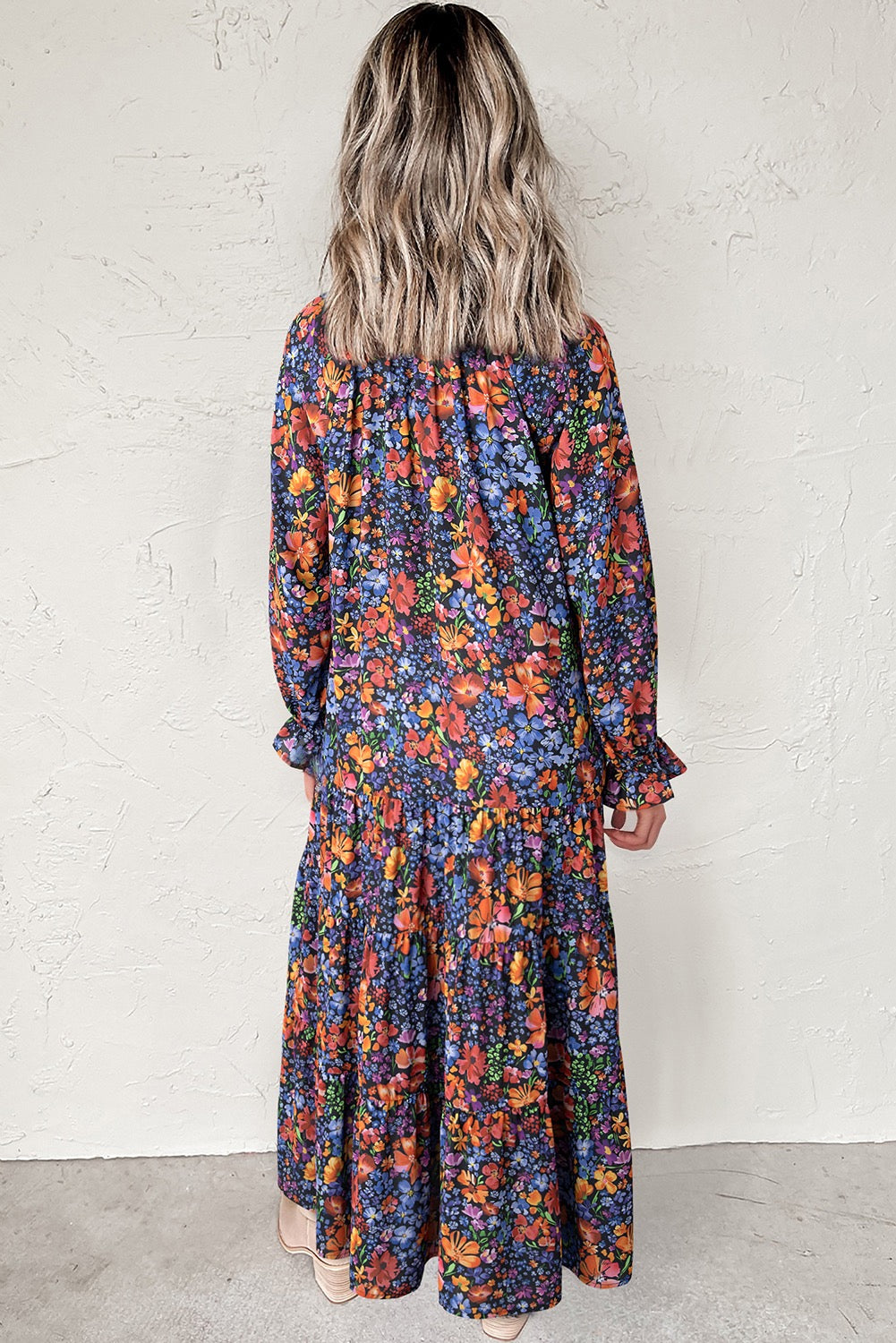 Blue Floral Print Tassel Tie V Neck Long Sleeve Flowy Dress