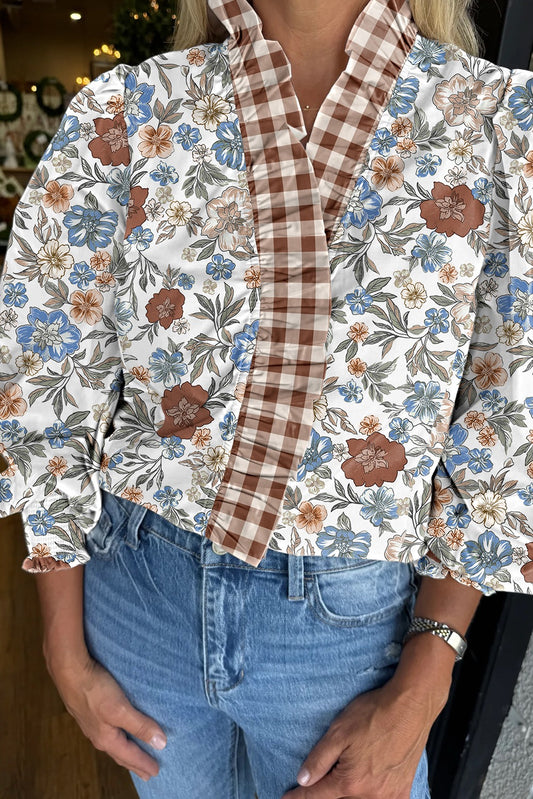 Brown Plaid Frilled Trim V Neck Floral Long Sleeve Blouse