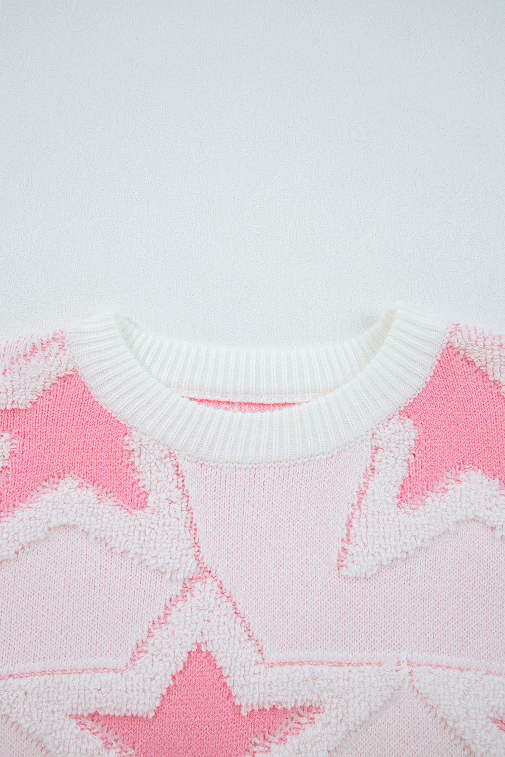 Pink Oversized Star Pattern Ribbed Edge Drop Shoulder Sweater