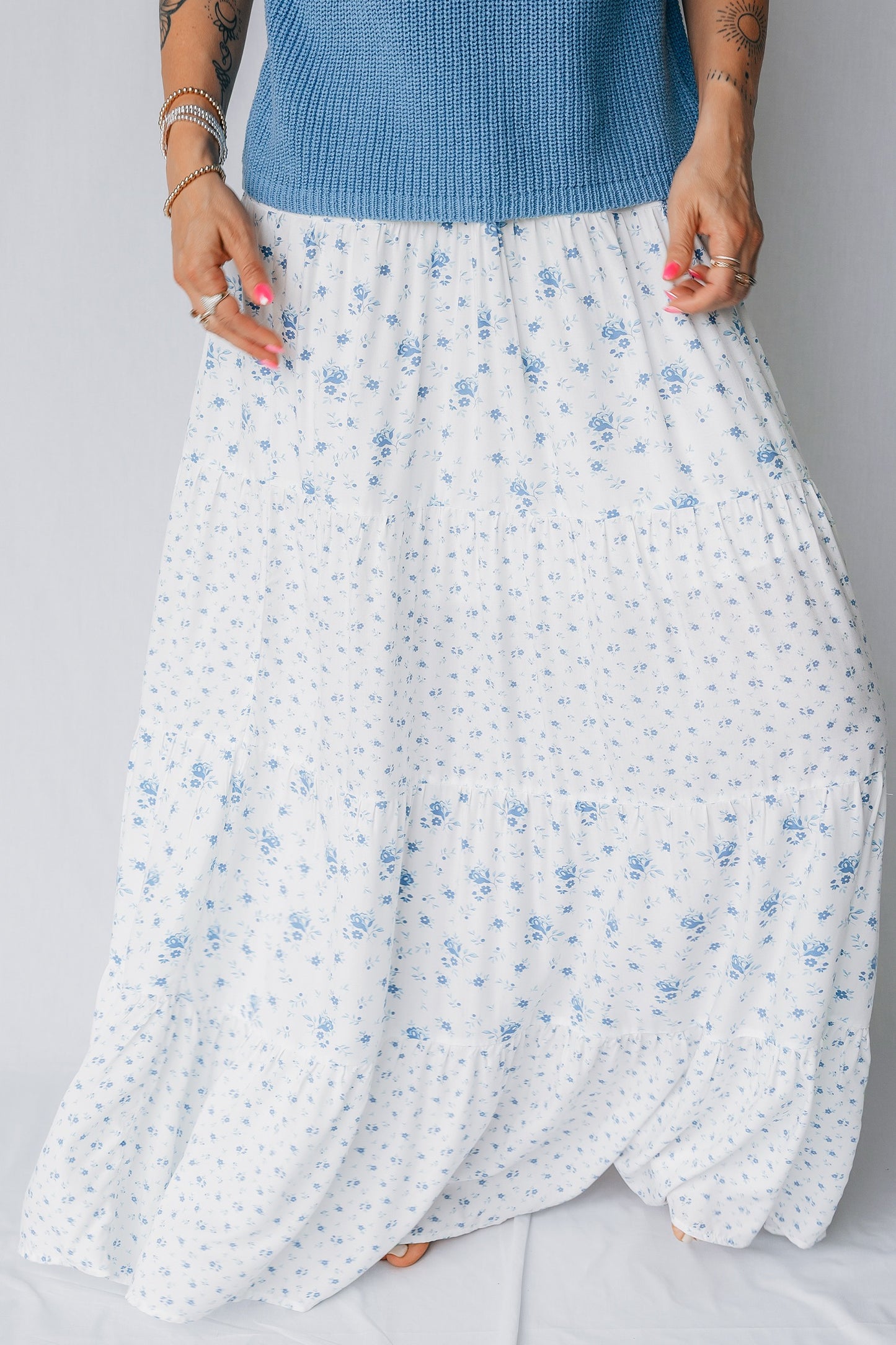 Blue High Waist Tiny Floral Print Boho Maxi Skirt