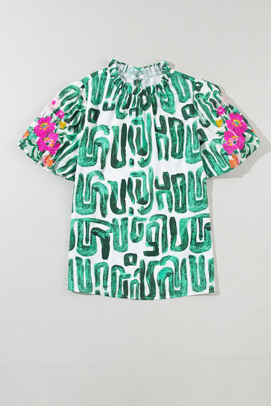 Green Embroidered Puff Sleeve Top