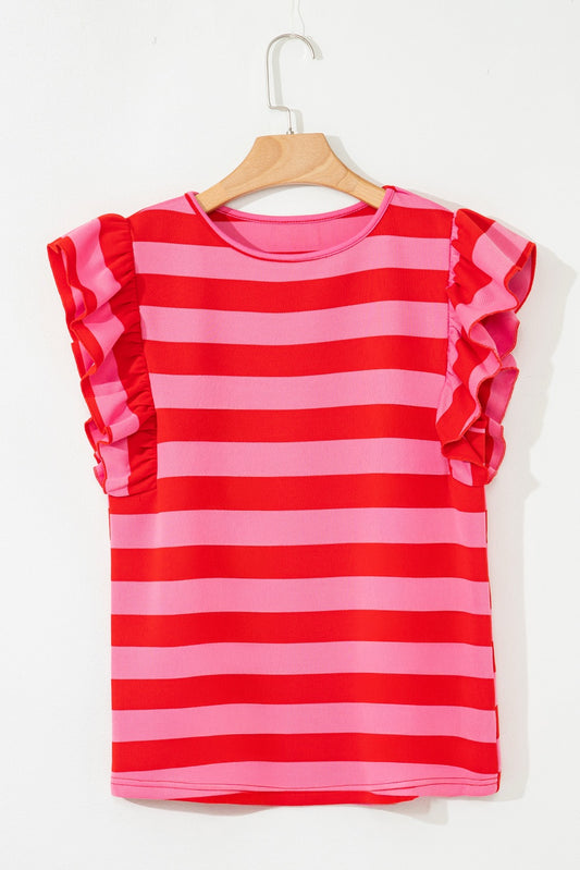 Red Stripe Flutter Sleeve Top