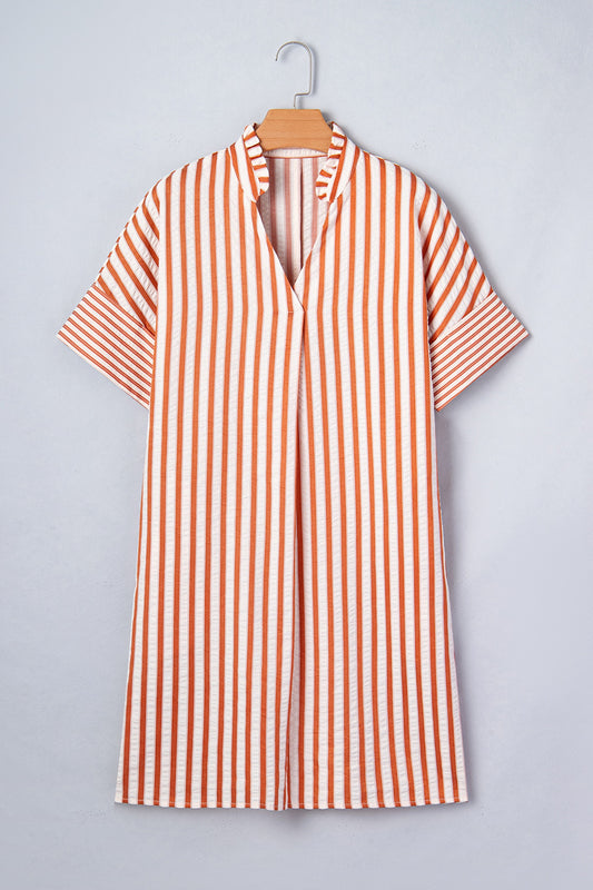Brown Stripe Pinched V Neck Turn-up Cuffs Shift Mini Dress