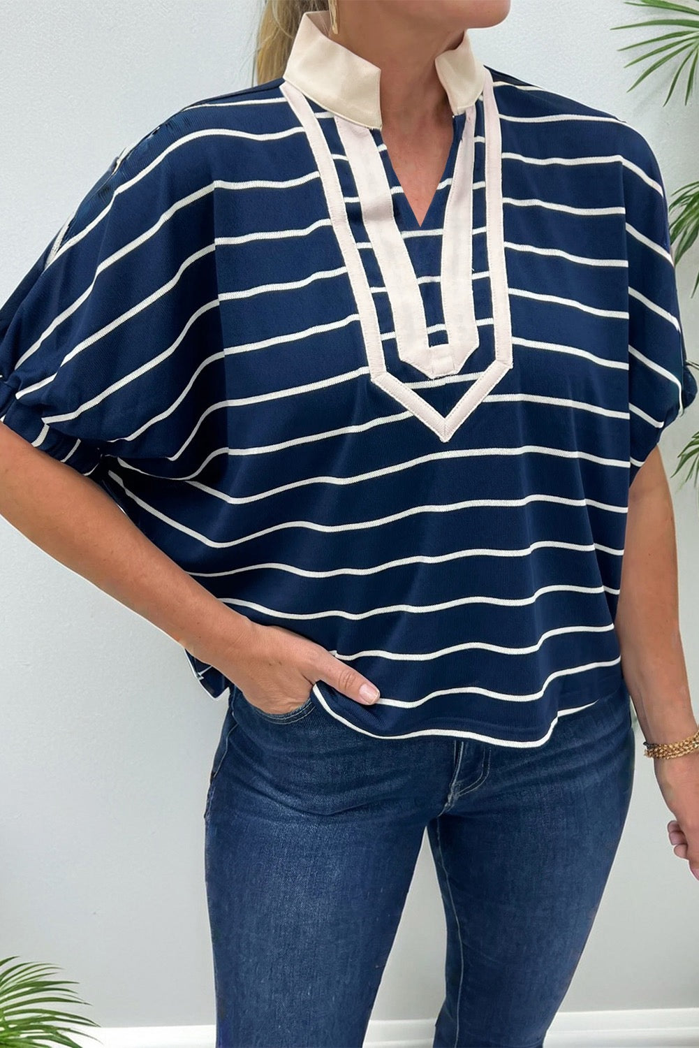 Navy Stripe Stand Collar V Neck Elastic Cuffs Half Sleeve Dolman Top