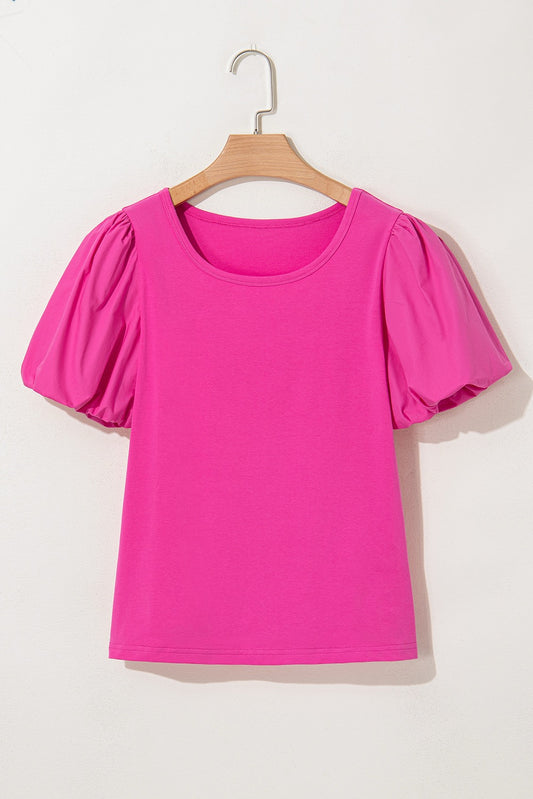 Strawberry Pink Casual Round Neck Bubble Sleeve Tee