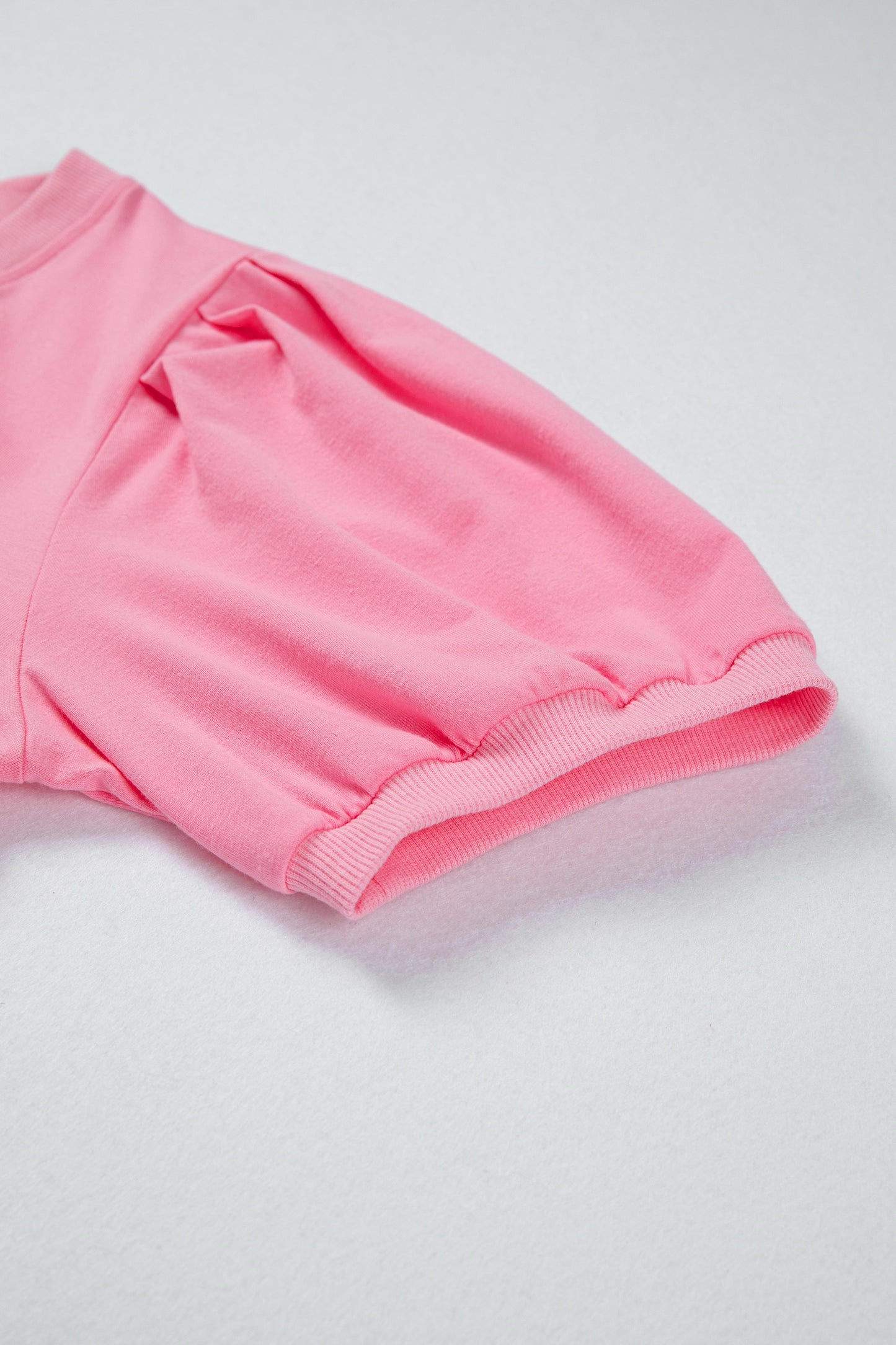 Pink Solid Color V Neck Short Puff Sleeve Blouse