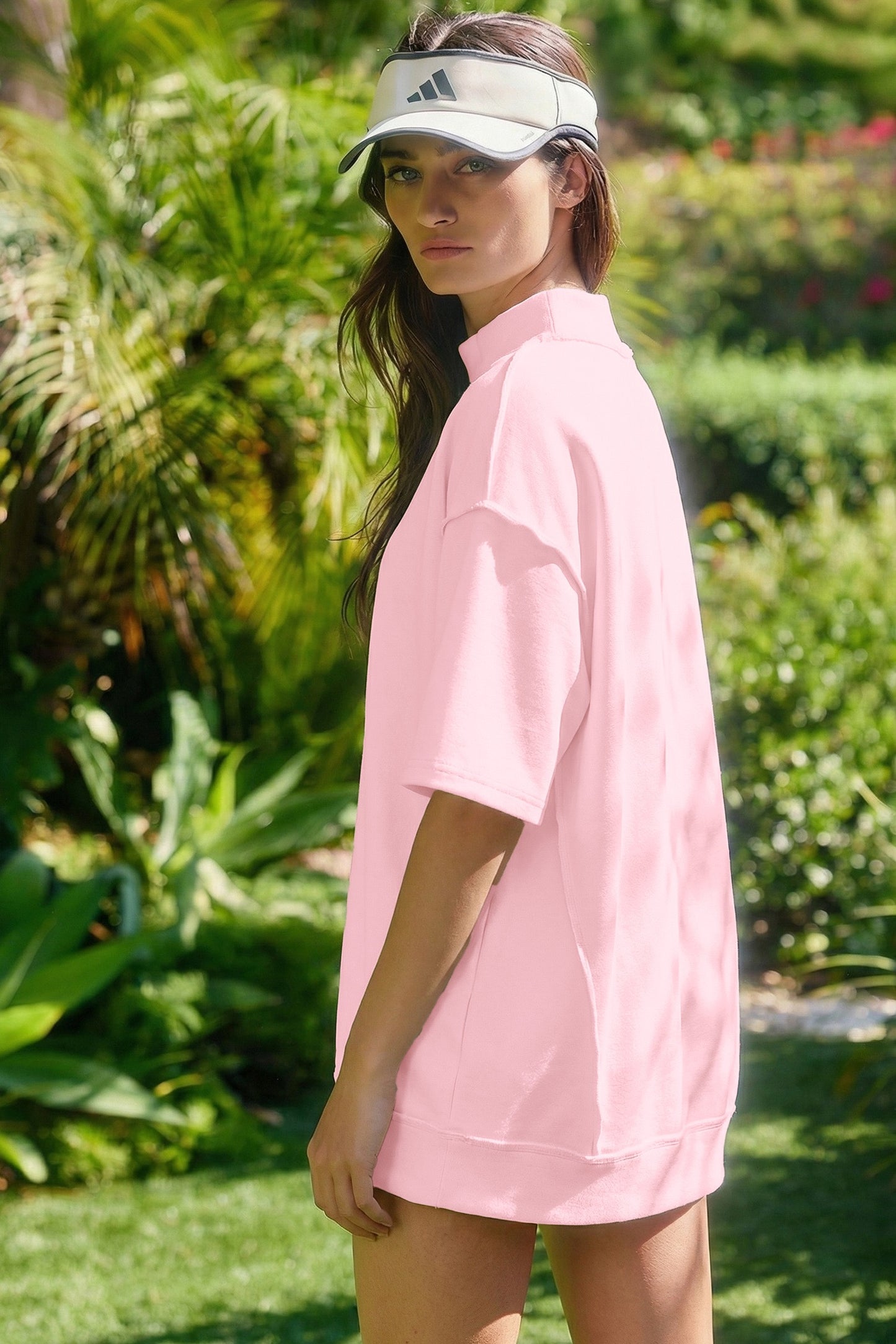 Pink Cream Solid Color Exposed Seam Mock Neck Oversize Tee Casual Shorts 2pcs Set