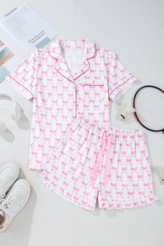 Pink Bow Ruffle Hem Short Set