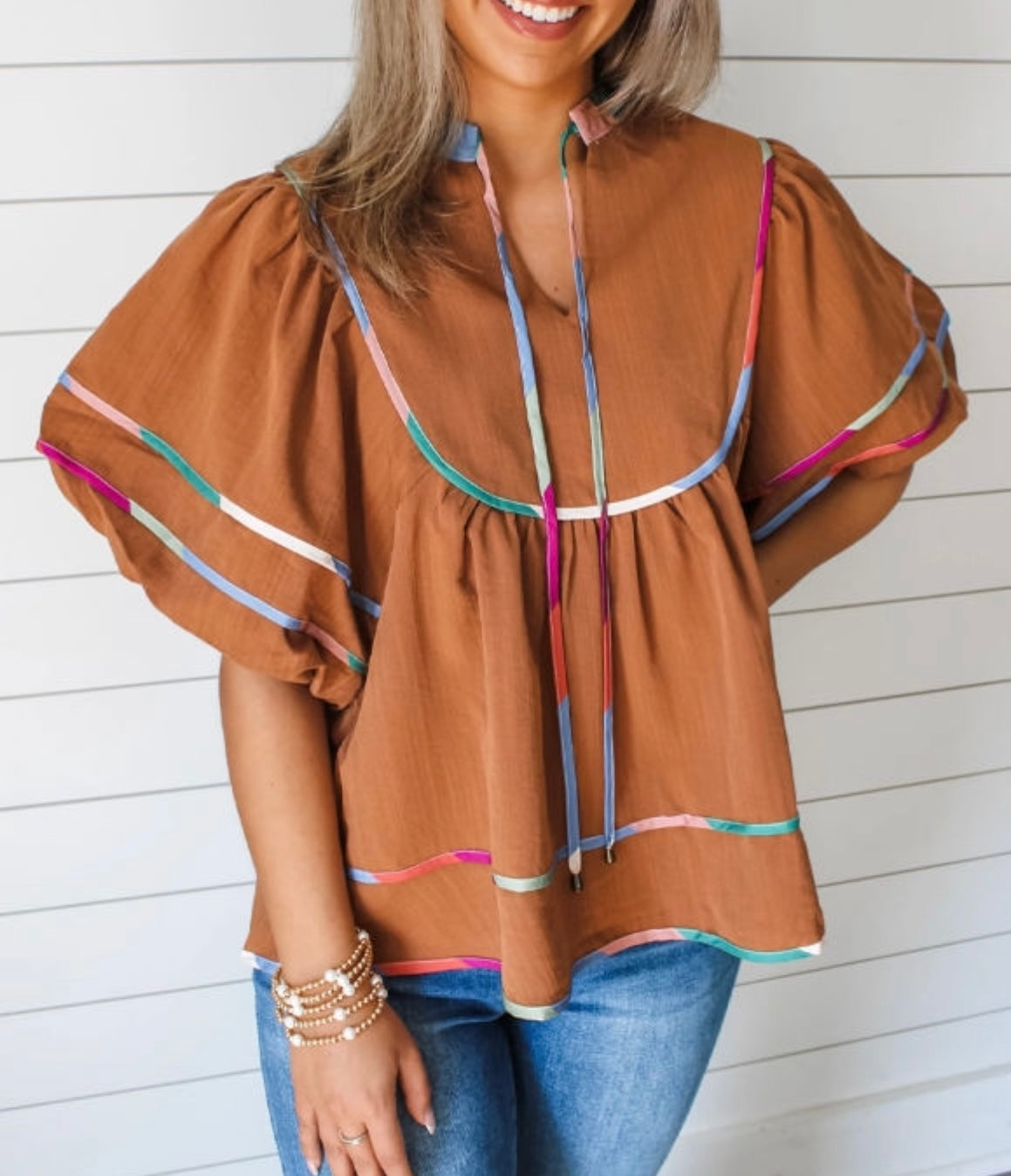Patchwork Edging, Flounce Sleeve, V Neck Blouse
