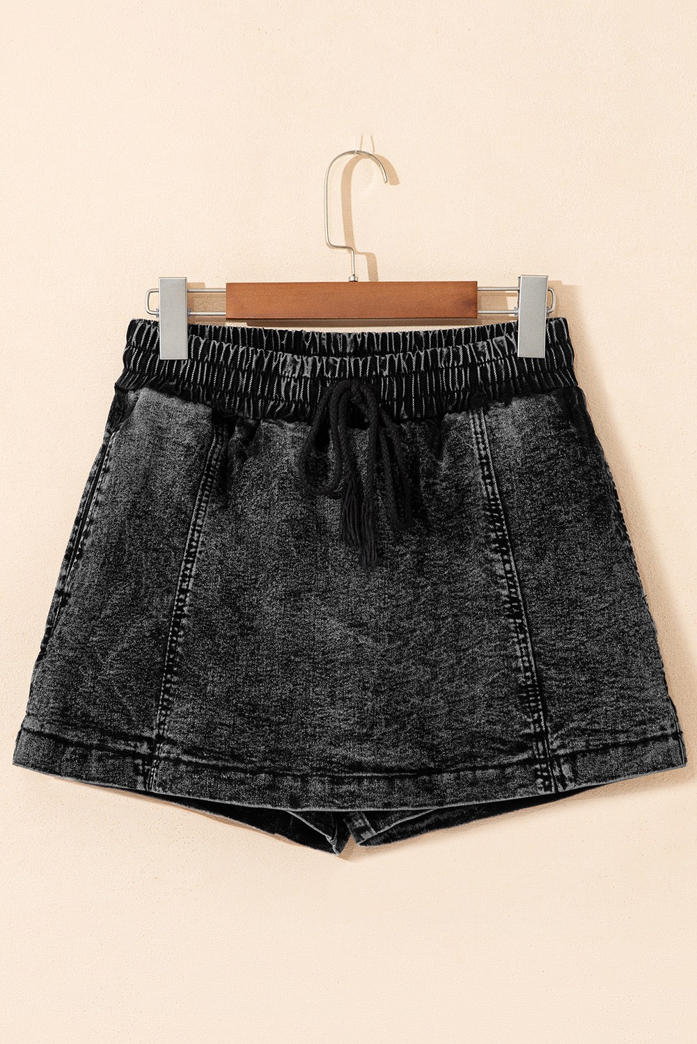Black Elastic Waist Drawstring Denim Skort