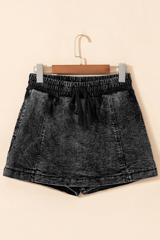 Black Elastic Waist Drawstring Denim Skort