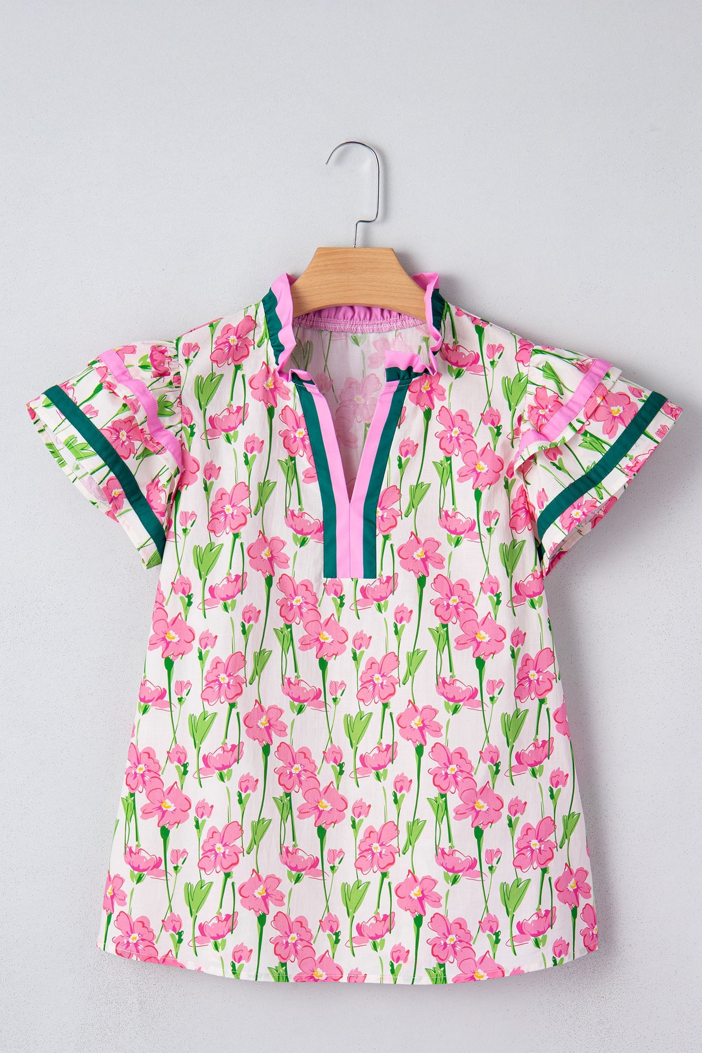 Pink Floral Print Contrast Trim V Neck Double Ruffled Short SleeveTop