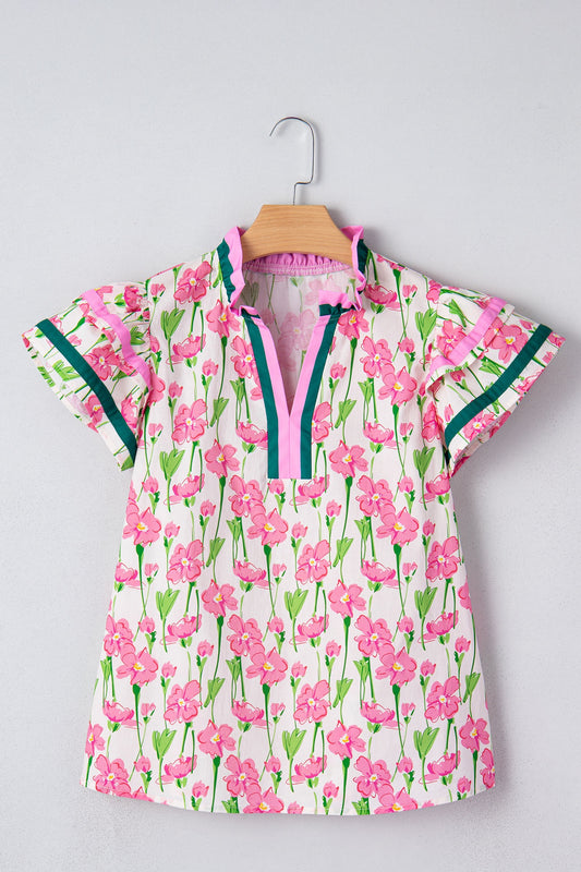 Pink Floral Print Contrast Trim V Neck Double Ruffled Short SleeveTop