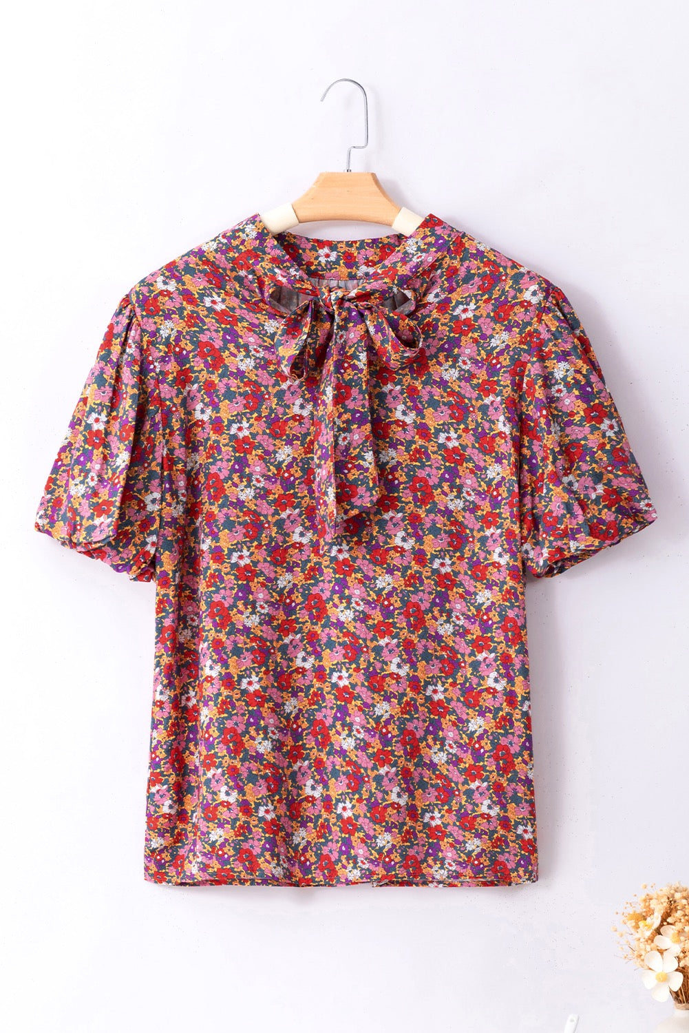 High Neck Puff Sleeve Purple Floral Blouse