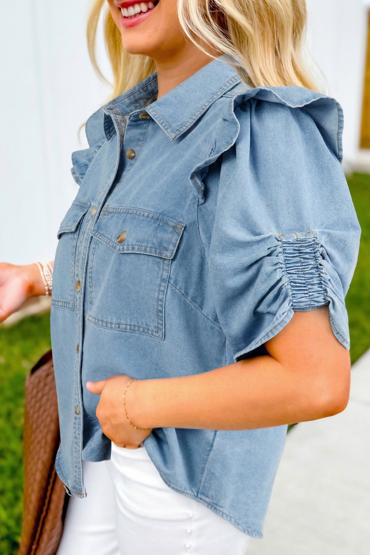 Ruffle Detail Short Puff Sleeve Button Down Flap Pocket Denim Shirt