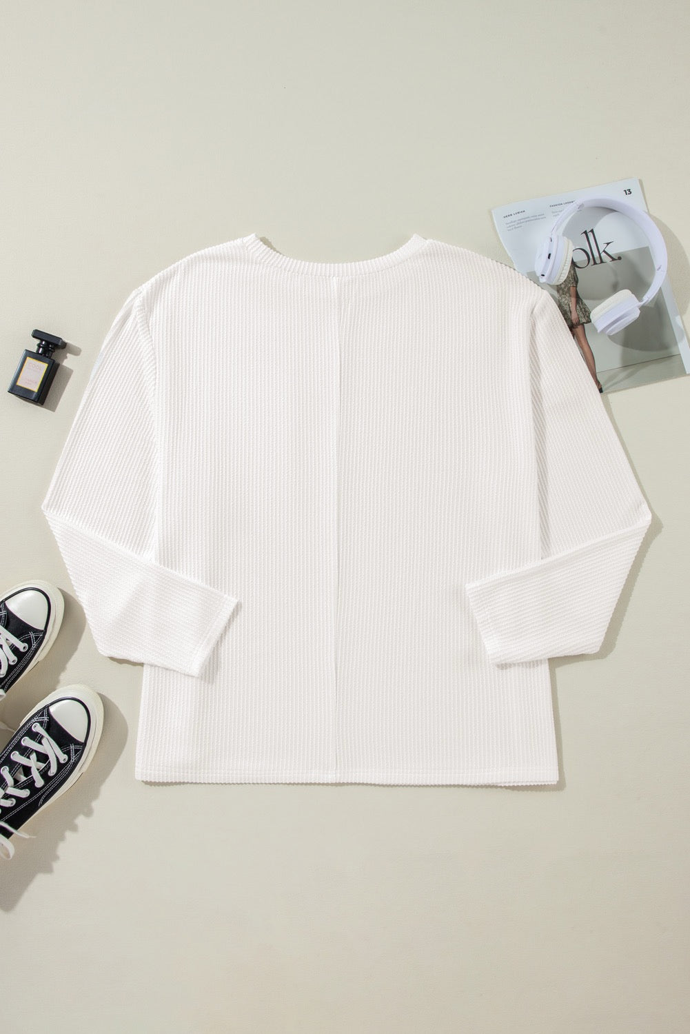 White Ribbed Long Sleeve Top