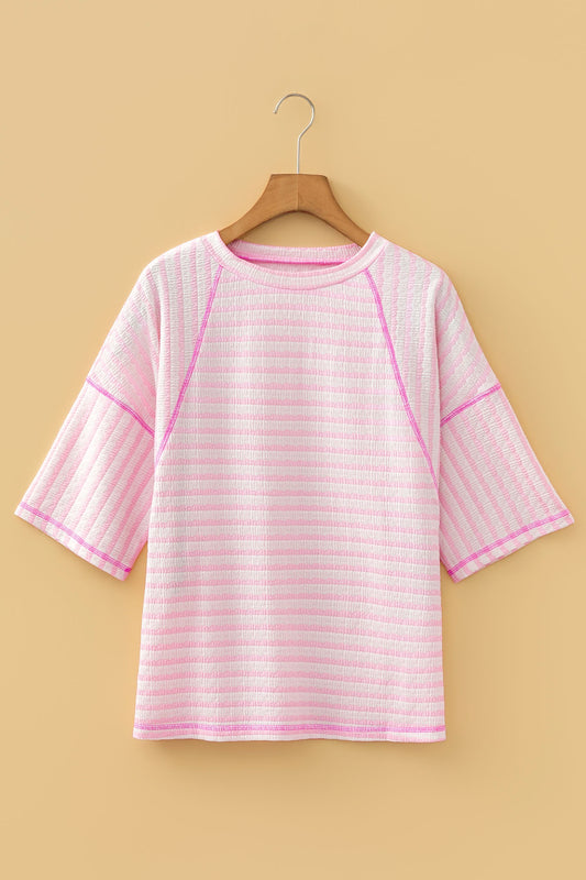 Pink Stripe Scallop Lace Trim Ruffle Short Sleeves Crewneck Top