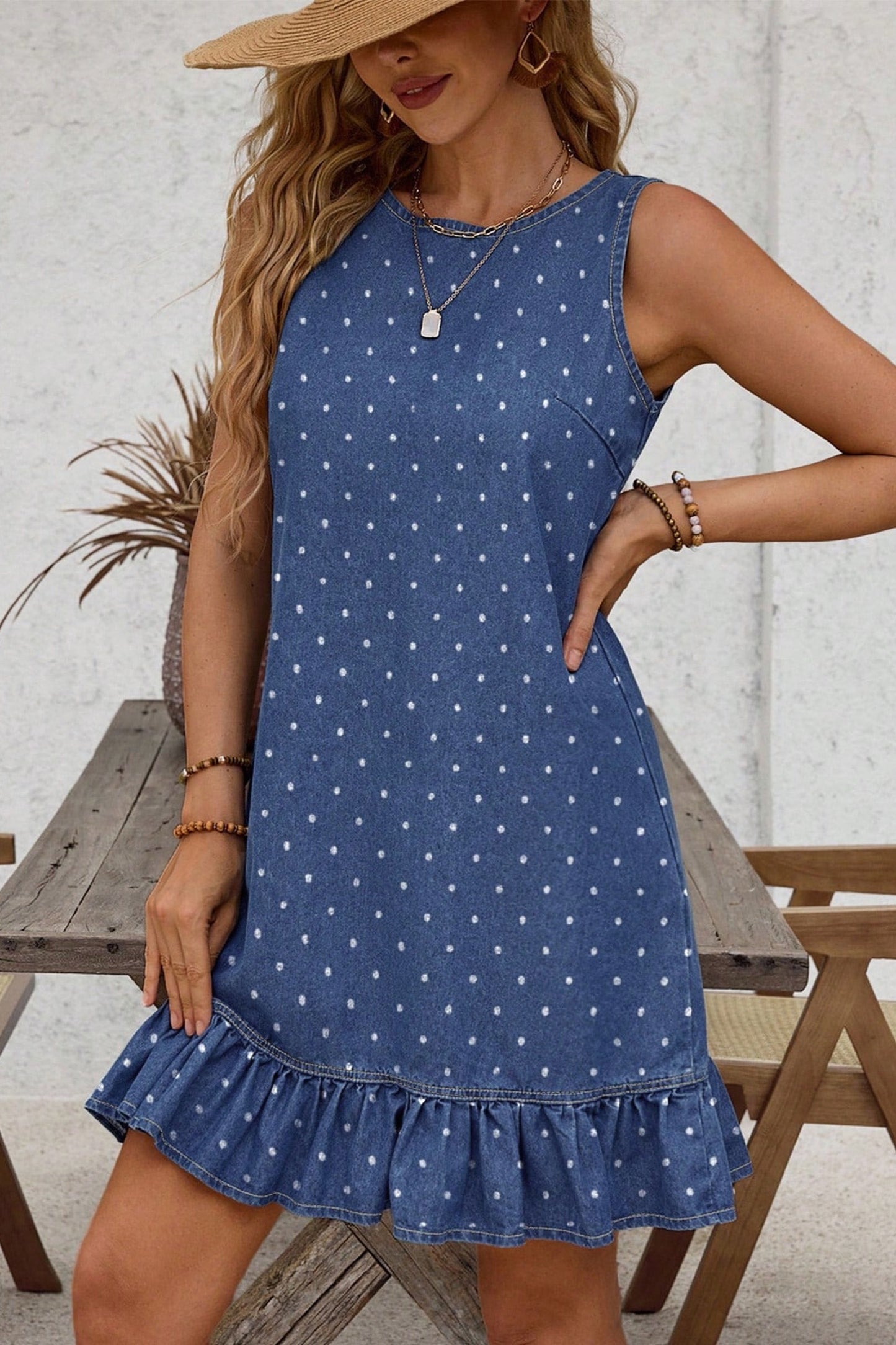 Blue Polka Dot Print Bow Detail Denim Dress