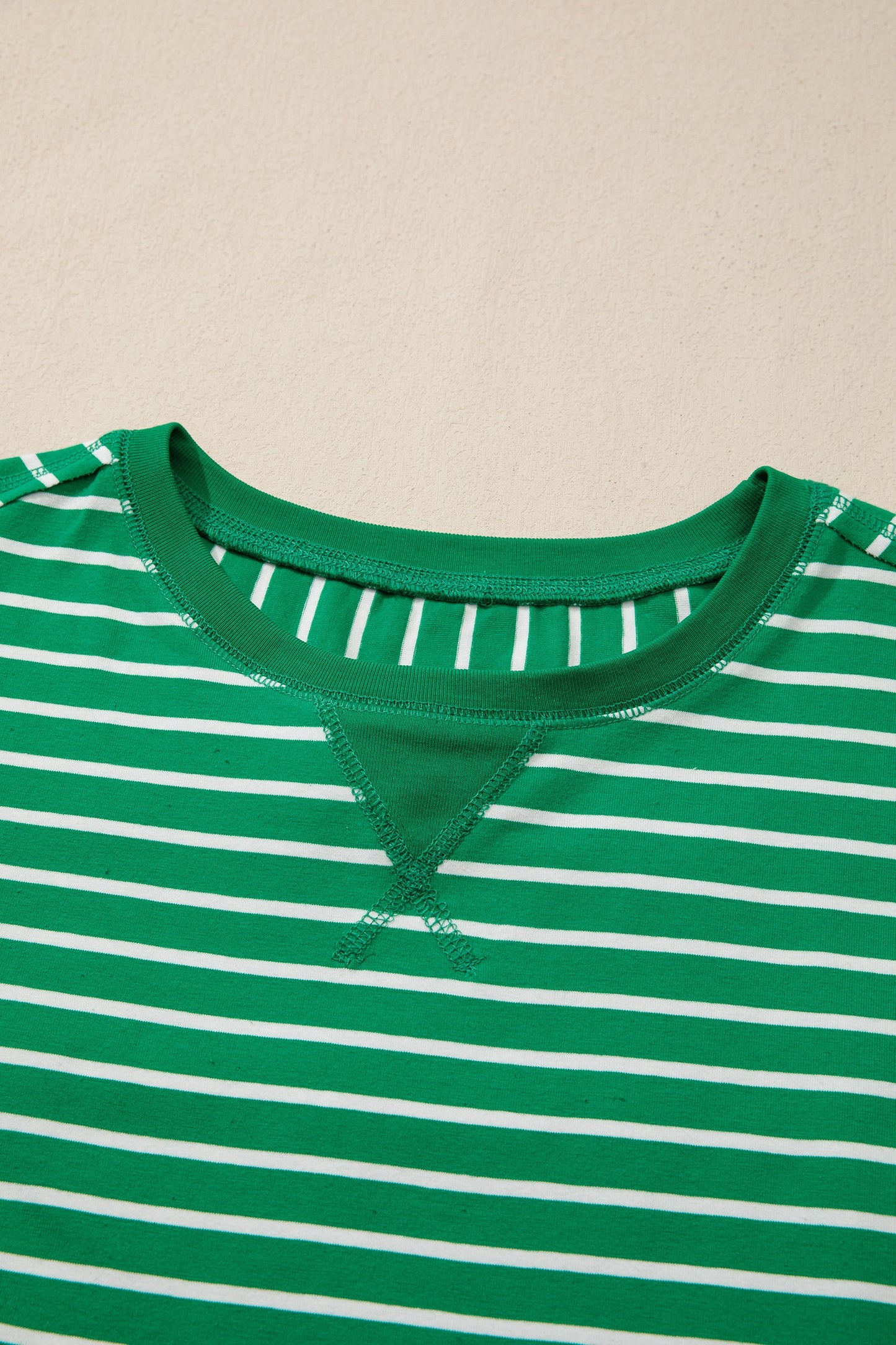 Green Stripe Ribbed Patchwork Seam Detail Half Sleeve Tee