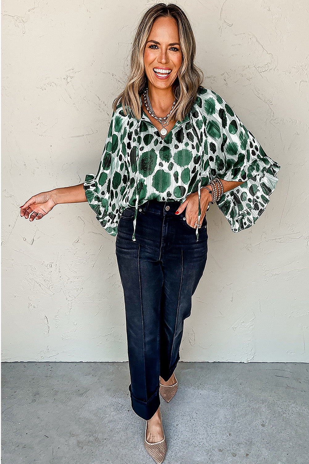 Green Metallic 3/4 Sleeve Blouse