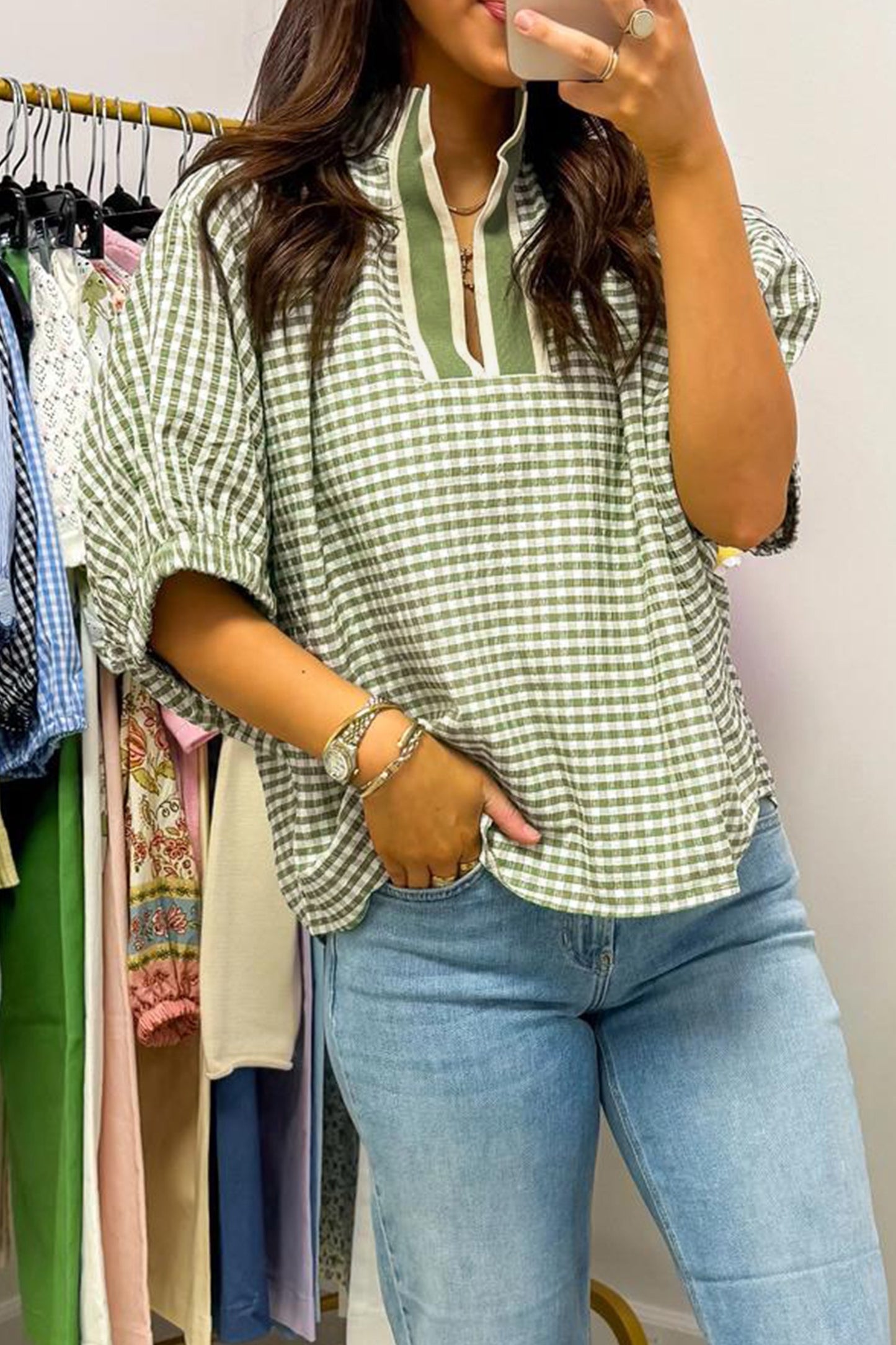 Green Plaid Short Sleeve Colorblock Trim Blouse