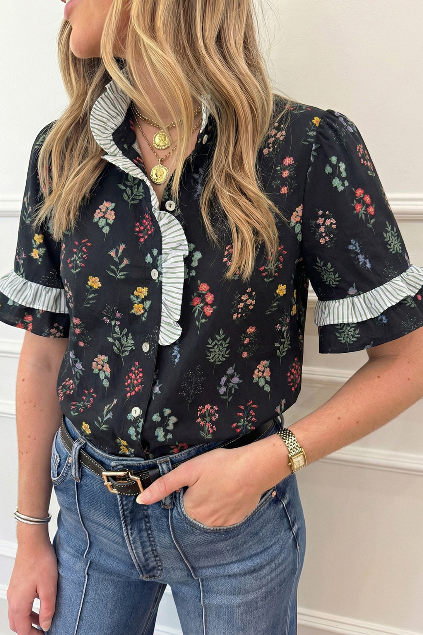 Black Floral Stripe Frill Trim Top