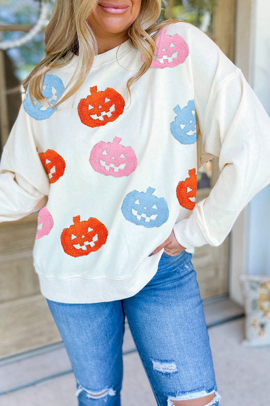White Halloween Pumpkin Patched Loose Sweatshirt